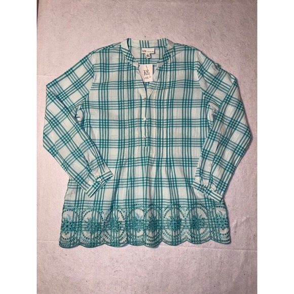 The Tog Shop Tops - Tog Shop Plaid Tunic Shirt Embroidered Hem Women's L Teal White